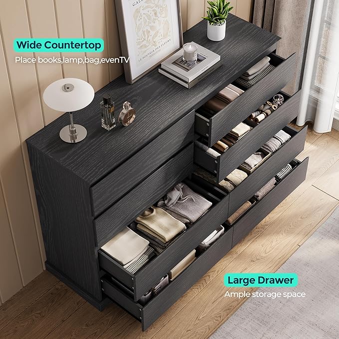 LINSY HOME 8 Drawer Dresser for Bedroom, 53" Wide Chest of Deep Drawers, Modern Farmhouse TV Stand Dressers with Storage, Large Drawer Organizer for Bedroom, Living Room, Handless Design, Black
