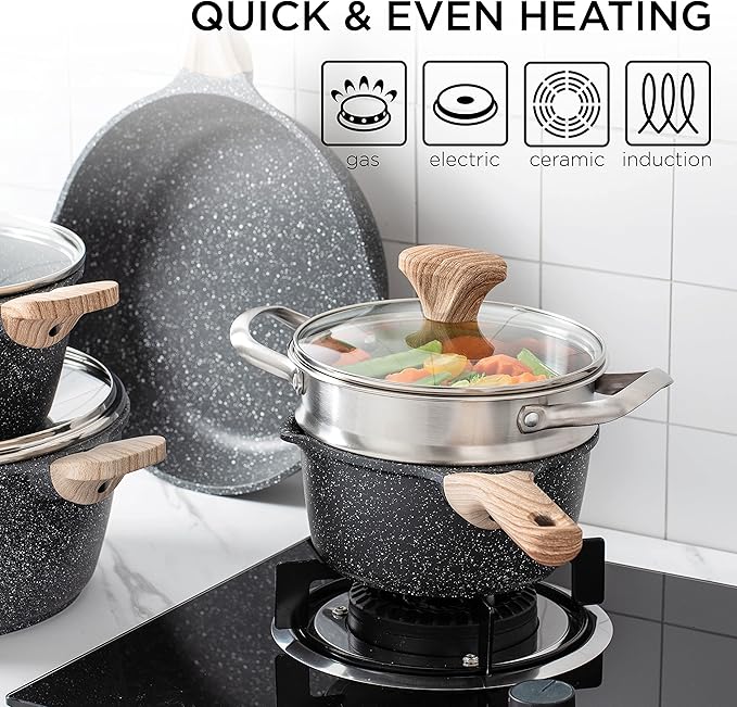 Country Kitchen Non-Stick Cast Aluminum Cookware Set - Durable Kitchen Cookware for Everyday Cooking, Grey, 11 Pc.