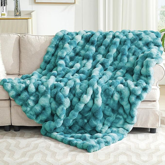 Ultra Plush Bubble Faux Rabbit Fur Blanket – 950GSM Thick Fluffy Throw Blanket for Bed, Couch, Sofa, or Gift, 60" × 80", Tie-dye Teal