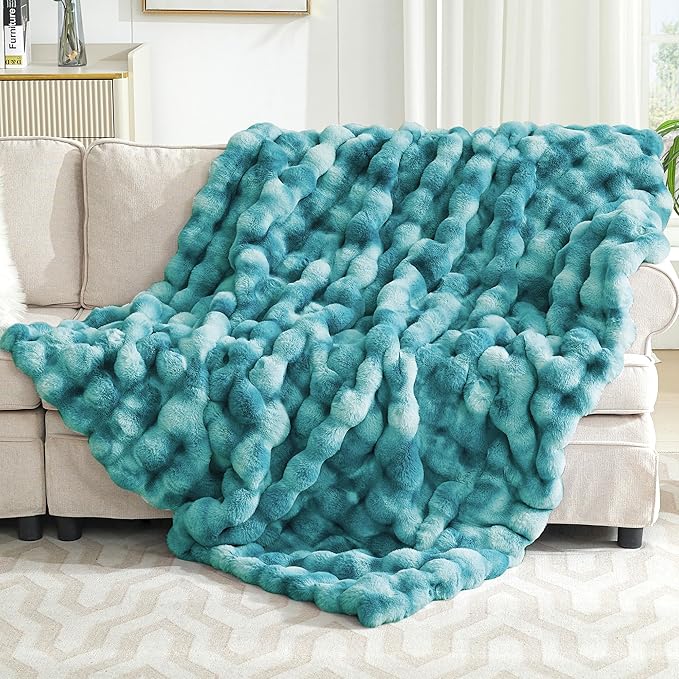 Ultra Plush Bubble Faux Rabbit Fur Blanket – 950GSM Thick Fluffy Throw Blanket for Bed, Couch, Sofa, or Gift, 50" × 60", Tie-dye Teal