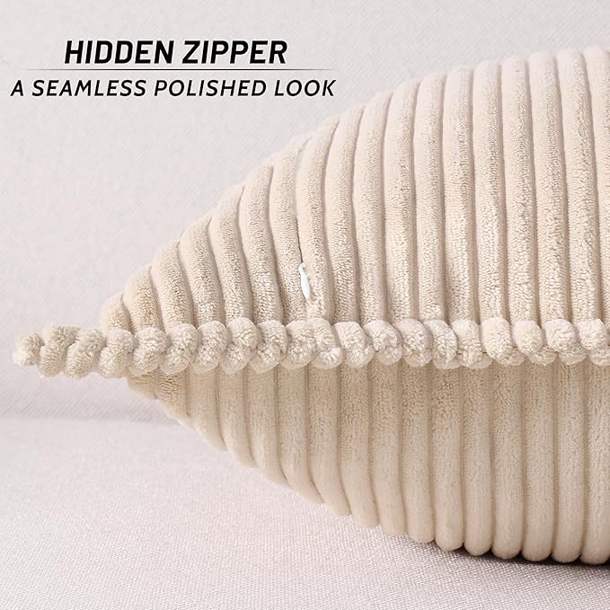 Mecatny Corduroy Throw Pillow Covers 20x20 Set of 2, Neutral Decorative Soft Boho Couch Pillow Covers with Broadside for Sofa Living Room, Beige