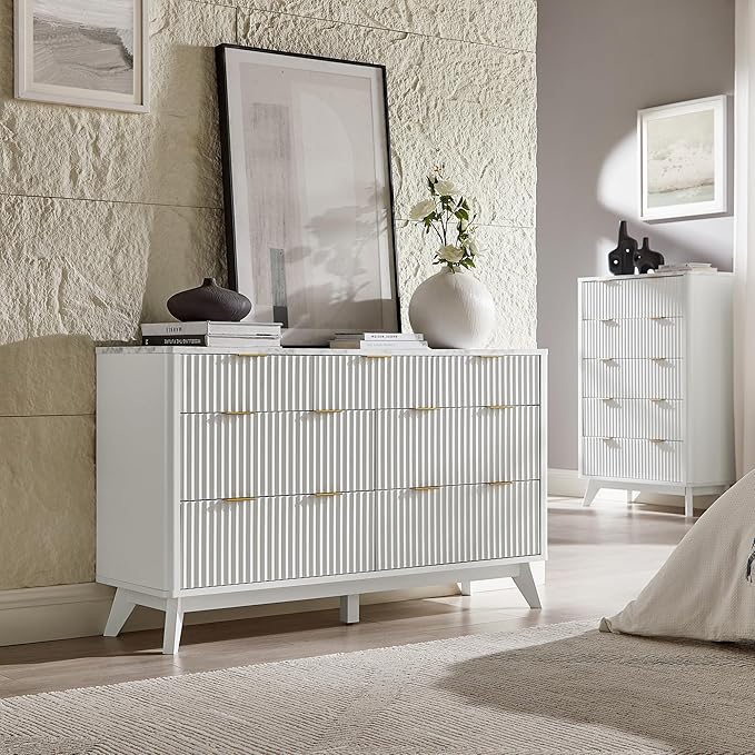 T4TREAM Fluted 7 Drawers Dresser, 54" Wide Modern Chest of Drawers with Faux Marble Top, Curved Profile Design, Dresser TV Stand, Wood Drawer Organizer for Bedroom, Living Room, Hallway, Solid White