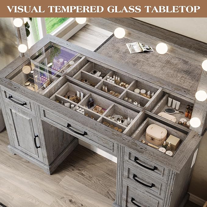 55'' Farmhouse Vanity Desk with Mirror and Lights, Large Makeup Table with Charging Station, Glass Tabletop & 5 Drawers, Rustic Dressing Table for Bedroom, Light Grey