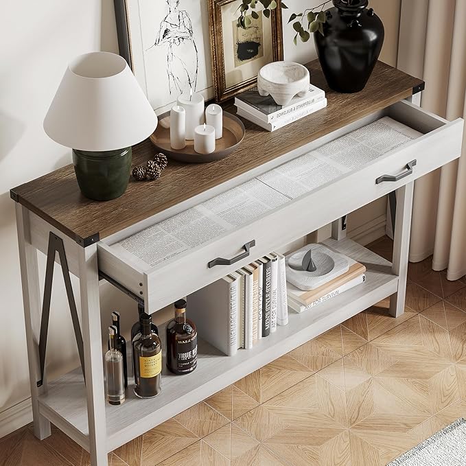 ChooChoo 47'' Farmhouse Console Table with Drawer, Entryway Table with Storage Shelf, Rustic A-Design Sofa Table for Hallway, Entrance, Living Room, White&Brown