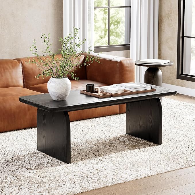 LITTLE TREE Farmhouse Coffee Table, 47 Inches Wooden Center Tables with Rounded Corners, Rectangular Living Room Tables, Modern Low Cocktail Tea Furniture for Living Room (Black)