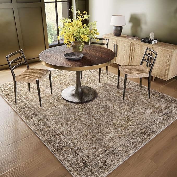 6x9 Washable Rug Vintage Fade Resistant Boho Distressed Non-Slip Indoor Large Carpet Low Pile Lightweight & High-Traffic Safe for Bedroom, Dorm, Playroom - Farmhouse Decor