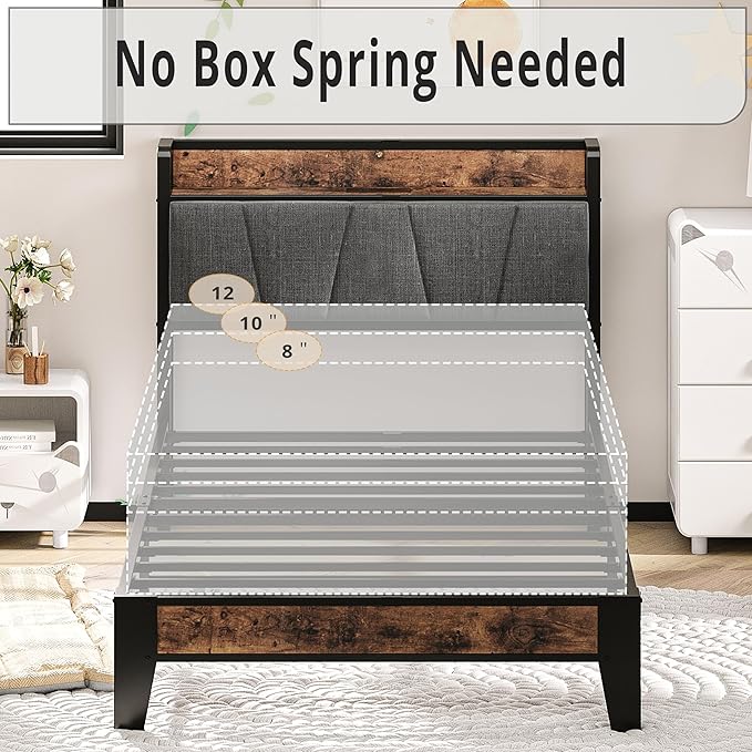 LIKIMIO Twin Bed Frames, Storage Headboard with Charging Station, Solid and Stable, Noise Free, No Box Spring Needed, Easy Assembly