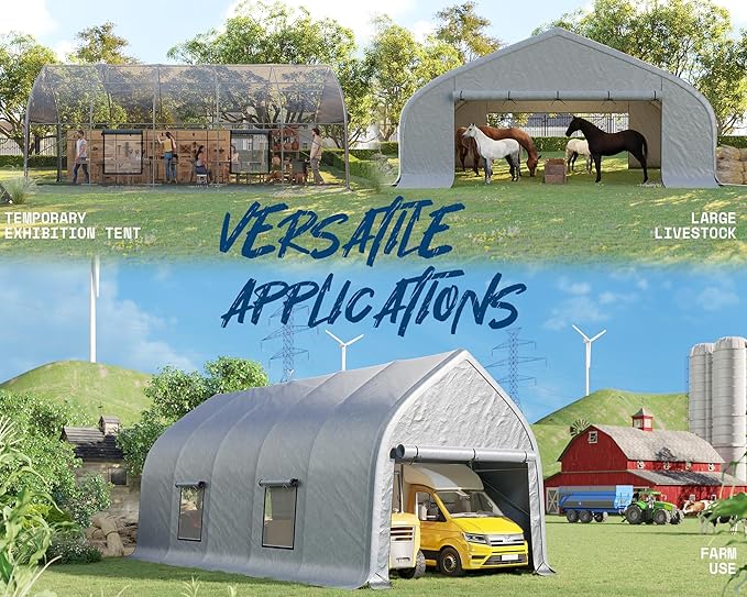 AMERLIFE 12 x 30 FT Walnut-Shaped Outdoor Carport, Heavy Duty Enclosed Carport, UV & Snow Resistant, Roll-Up Doors & Mesh Windows, for Trucks, Boats, Farm Equipment, Events, Silver Gray