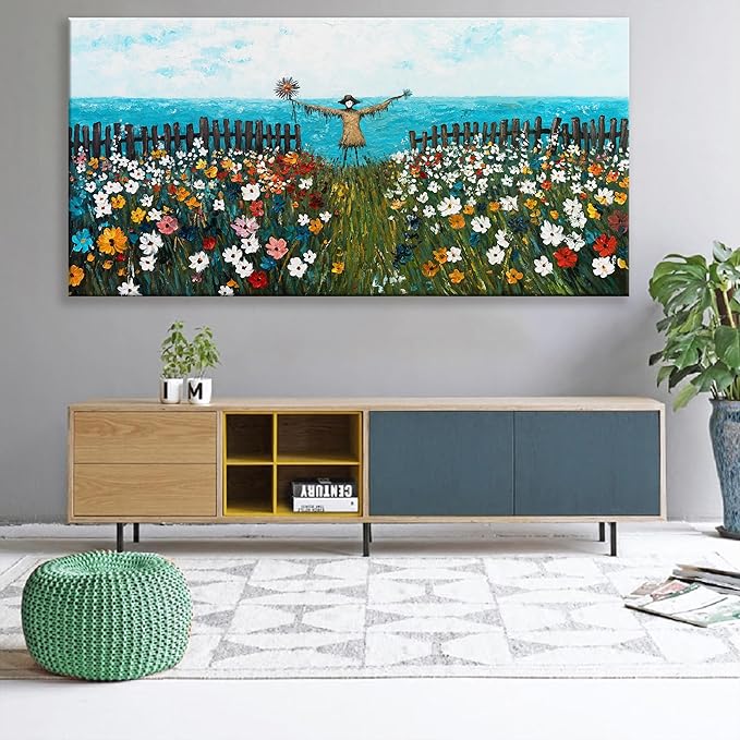 Tsomzxng Large Wall Art For Living Room Scene Canvas Art Wall Decor Picture Artwork Blue Sea Colorful Flowers Print Painting Scarecrow Landscape Bedroom Office Home Wall Decor 29x58 Inch