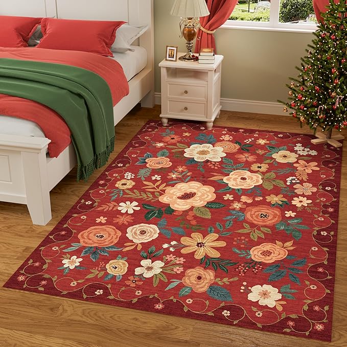 DUKINO 8x10 Area Rug, Floral Rugs for Living Room, Lightweight Non Slip Washable Rug, Indoor Low Pile & Non-Shedding Boho Design Rugs for Bedroom, Living Room, Dining Room, Red