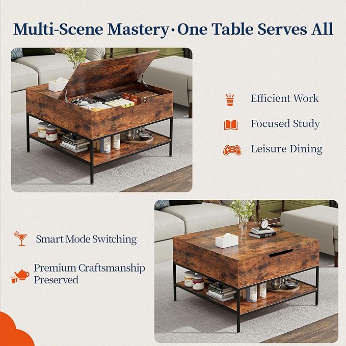 Flip Top Coffee Table with Storage, Square Coffee Tables with Large Hidden Compartment, Farmhouse Rustic Pottery Barn Coffee Table with Opening & Shelf for Living Room, Assembly Required