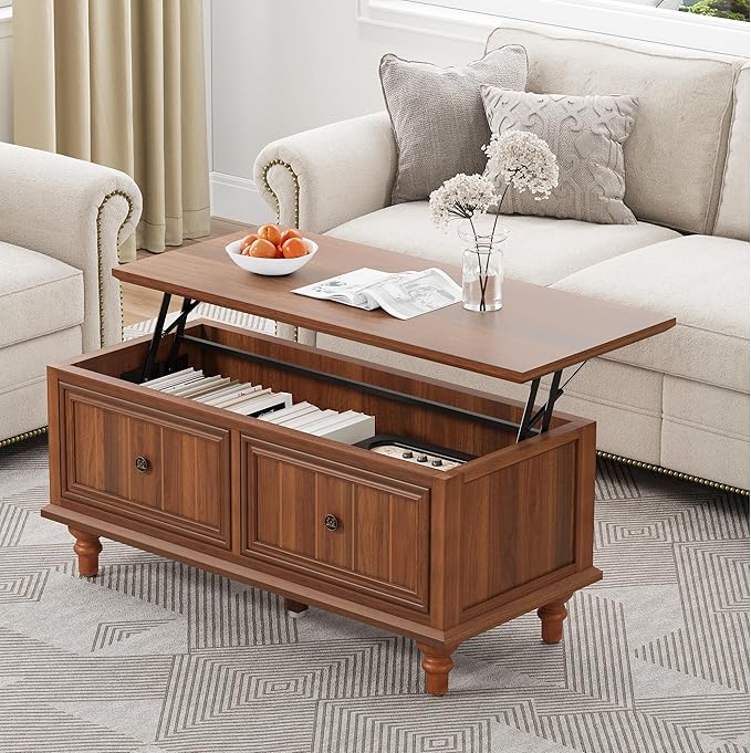 39" Lift Top Coffee Table for Hidden Compartment, Wood Coffee Tables with Shelf, Farmhouse Rectangular Center Table Dining Table for Living Room Home Office Small Space (Walnut)