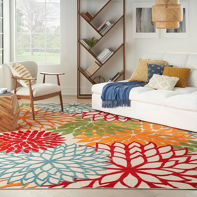 Nourison Aloha Indoor/Outdoor Green 9' x 12' Area Rug, Tropical, Botanical, Easy Cleaning, Non Shedding, Bed Room, Living Room, Dining Room, Deck, Backyard, Patio (9x12)