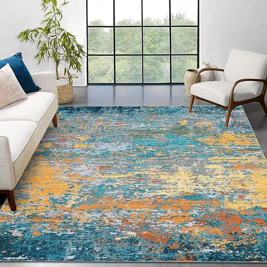 Area Rug 4x6 Stain Resistant Carpet Modern Abstract Rugs Ultra Soft Indoor Floor Cover Accent Rug Low Pile Thin Rug for Living Room Bedroom Dining Room, Multi Color
