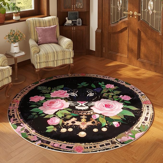 Round Rug 4ft Washable Circle Rug Non Slip Low Pile Retro Lavish Leopard Animal Small Circular Rug for Bedroom, Bathroom, Entryway, Kids Room, Office, College Dorm (Black Pink)