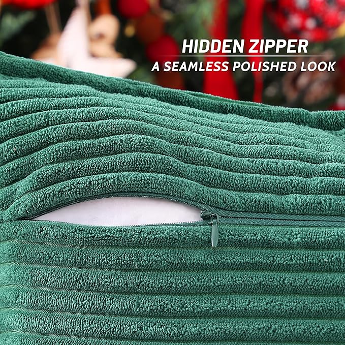 Mecatny Corduroy Throw Pillow Covers 20x20 Set of 2, Neutral Decorative Soft Boho Couch Pillow Covers with Broadside for Sofa Living Room, Green