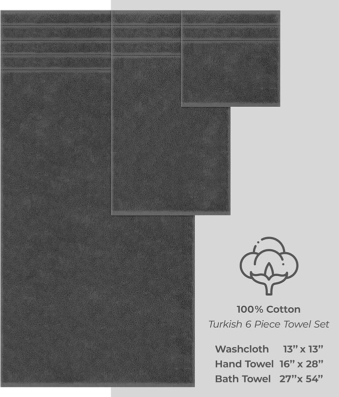 American Soft Linen Luxury 6 Piece Towel Set, 2 Bath Towels 2 Hand Towel 2 Washcloths, 600 GSM 100% Cotton Turkish Towels for Bathroom, Dark Gray Towel Sets