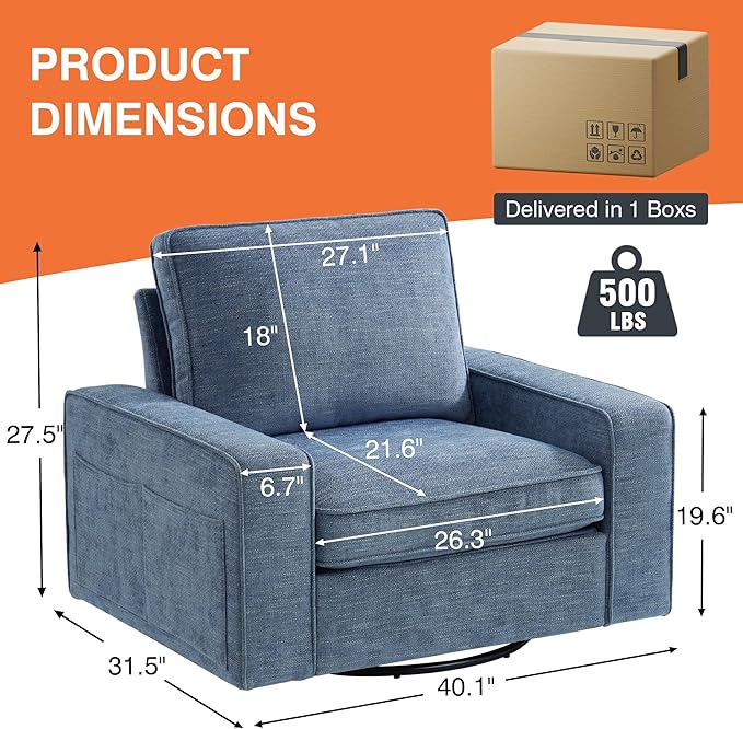 ABAKAN Chenille Sofa Swivel Chair for Living Room with Removable Backrest, Modern Accent Style Living Room Chair for Office/Library/Bedroom/Lounge,Blue