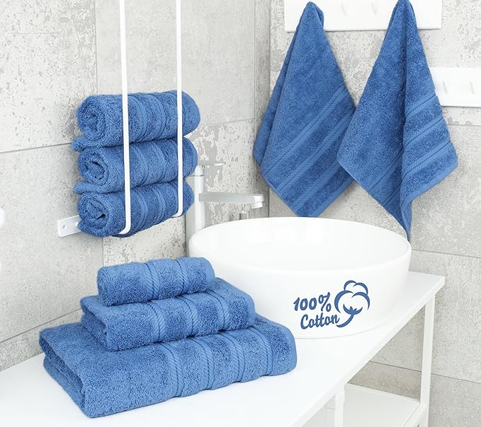 American Soft Linen Luxury 6 Piece Towel Set, 2 Bath Towels 2 Hand Towel 2 Washcloths, 600 GSM 100% Cotton Turkish Towels for Bathroom, Electric Blue Towel Sets