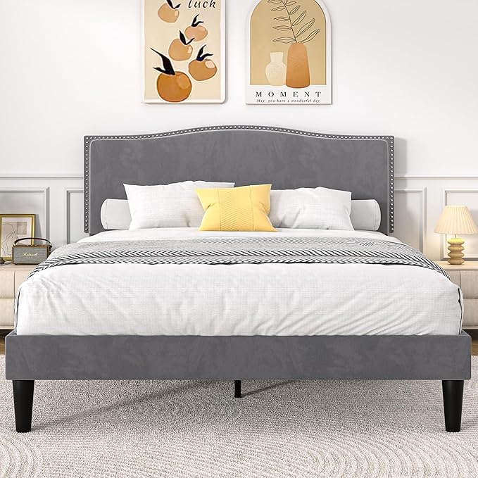 VECELO Full Bed Frame, Platform Bed Frame with Adjustable Height Upholstered Headboard, Heavy-Duty Frame and Strong Wooden Slats Support, Non-Slip and Noise-Free, Easy Assembly, Dark Grey