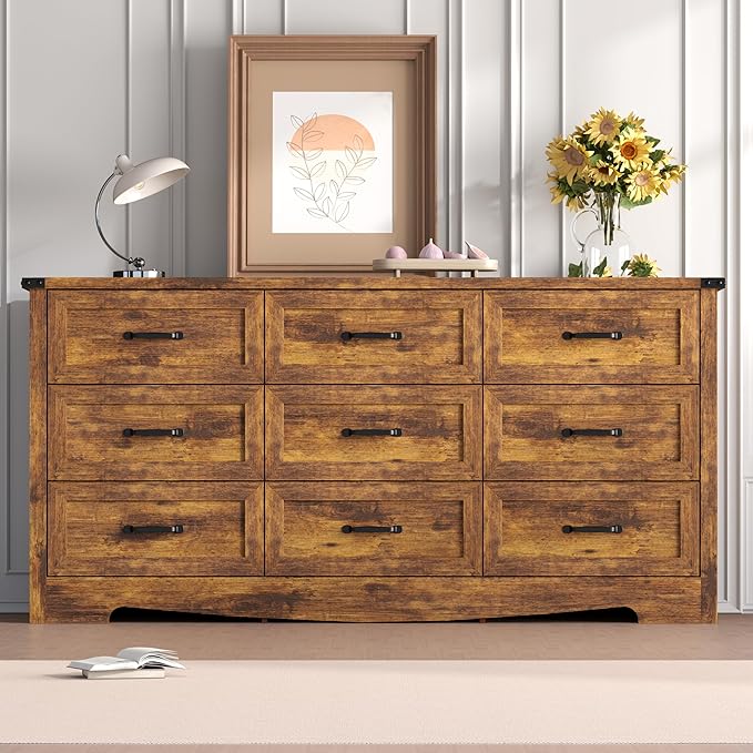 Dresser for Bedroom, 59'' Wide Wooden Chest of Drawers with Natural Wood Texture, 9 Drawer Dresser for Closet with Metal Handles, Sleek Storage Solution for Living Room, Office, Hallway, Brown