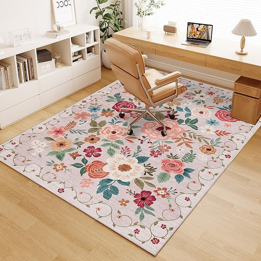 DUKINO 4x6 Feet Office Chair Mat, Lightweight Non Slip Washable Floral Area Rug, Indoor Low Pile & Non-Shedding Boho Design Rugs for Bedroom, Living Room, Dining Room, Beige