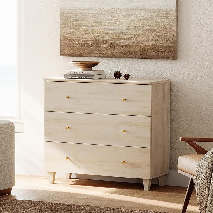 WAMPAT TV Stand Dresser for 32+ Inches TVs, Wood Media Console Table with 3 Drawers, Modern Highboy Entertainment Center with Storage for Living Room Bedroom, Natural Oak