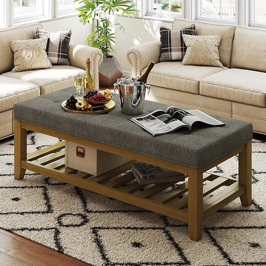 Large Rectangular Upholstered Ottoman Bench, Linen Tufted Footrest Ottoman with Solid Wood Shelf Storage Coffee Table for Bedroom Living Room, Granite