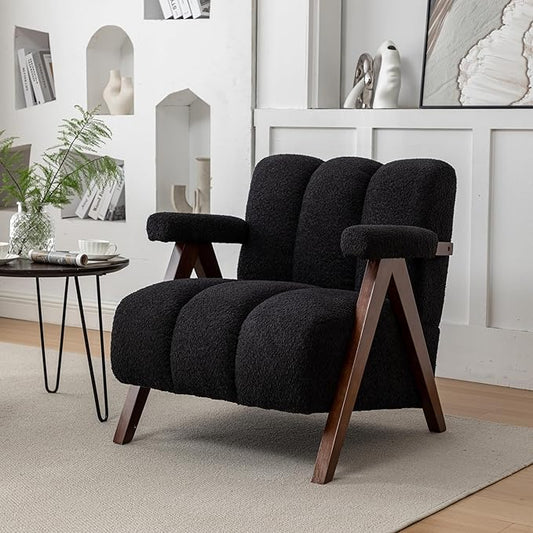 Mid Century Modern Accent Chair with Solid Wood Frame, Boucle Upholstered Living Room Chairs with Thick Cushion, Comfy Tufted Arm Chair for Bedroom, Black
