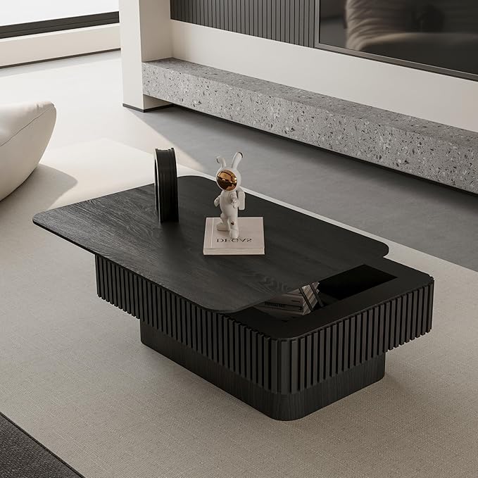 Lift Top Coffee Table for Living Room, Accent Fluted Coffee Table with Storage, Modern Solid Wood Veneered Rectangle Center Tea Table for Small Space Apartment (38.6''L×14''H-Black)