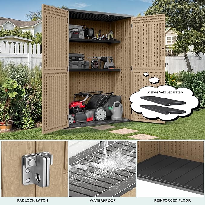 YITAHOME 59 Cuft Outdoor Tall Storage Shed, Waterproof Vertical Resin Shed for Garden, Garage, Patio, Lockable Tool Storage, No Shelves Included, Brown