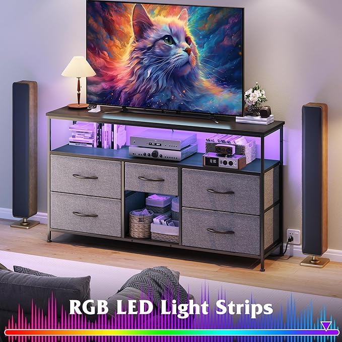 TV Stand Dresser with LED Lights & Power Outlets, Entertainment Center for 50" Inch TV, 5 Drawers TV Stand for Bedroom Dresser with Shelves for Living Room, Sturdy Metal Frame, Grey