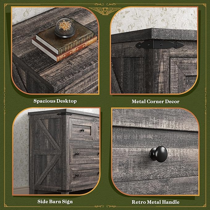 Farmhouse Dresser & Chest of Drawers, 7 Drawer Dresser with Smooth Metal Rails, Wide Large Storage Drawers and TV Stand for Bedroom, Hallway, or Closet