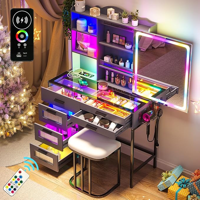 RGB Vanity Desk with Sliding Mirror and Lights, LED Makeup Vanity with Charging Station/Motion Sensor Light, Glass Top Dressing Table Set with Jewelry Box,6 Drawers,Stool for Bedroom(Grey)