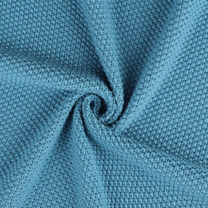 PiccoCasa 100% Cotton Knit Throw Blanket,Solid Lightweight Decorative Throws and Blankets,Soft Knitted Throw Blanket for Sofa Couch, Horizon Blue 50" x 60"