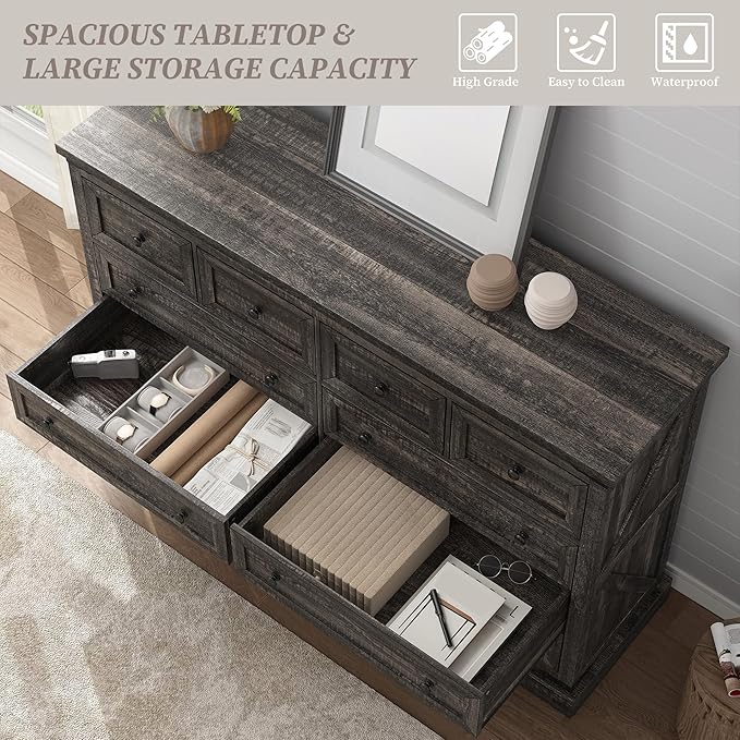 EnHomee 10 Drawer Dresser for Bedroom,55.11" W Wood Dressers and Chests of Drawers with Smooth Metal Rail,Large and Wide TV Stand Hallway,Dark Rustic Oak,14.9" D x 55.11" W x 35.6" H
