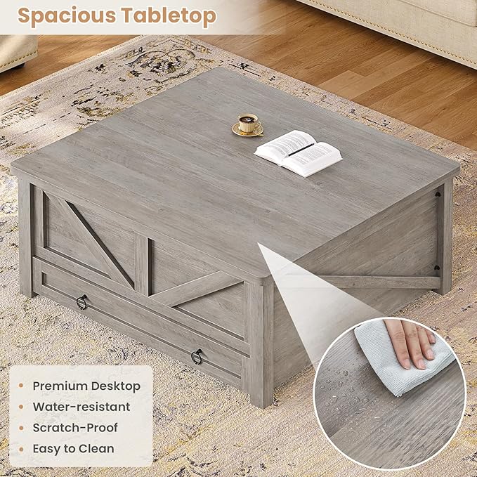 Itaar Wooden Coffee Table, Lift Top Coffee Table with Storage, Square Coffee Tables with Drawers and Hidden Compartment, Center Table for Living Room, Home Office, Grey