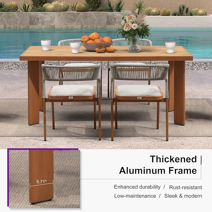 PURPLE LEAF Patio Dining Set for 6 Furniture Set Aluminum Rattan Wicker Patio Table and Chairs Set for Lawn Backyard Deep Teak