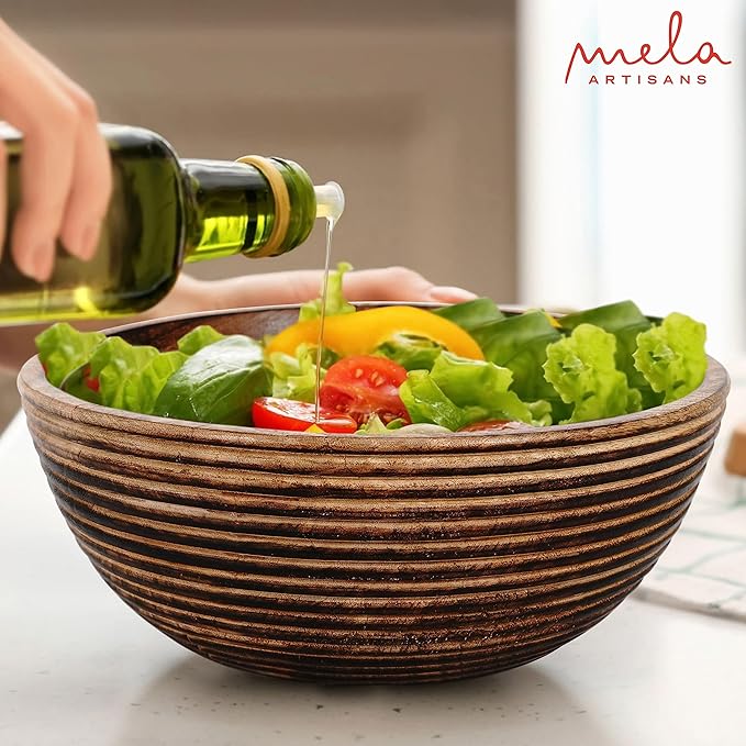Mela Artisans Wooden Fruit Bowl | Dark Burnt Finish | Large 12” Decorative Mango Wood Serving Bowl | Multipurpose for Kitchen Countertop | Salad | Fruit | Snacks | Breads & More