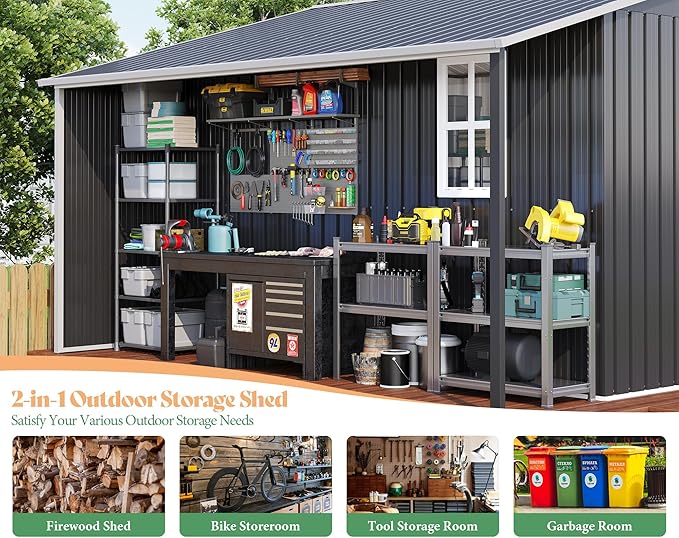 AMERLIFE 10.6x10.3x6.3 FT Galvanized Metal Storage Shed with Open Firewood Bay, Sliding Doors & Ramp, 2 Windows & Vents, Weather-Resistant Outdoor Tool/Garden Shed, Dark Gray