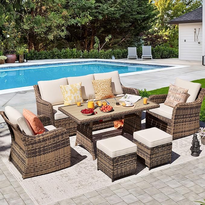 6 Pieces Outdoor Patio Furniture Set, Wicker Patio Conversation Set, Patio Sectional Furniture Set with 2 Single Chair and Sofa, 2 Ottomans and Dining Table (Brown)