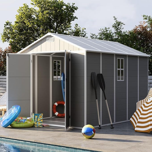 UDPATIO Storage Shed 8 x 10 FT, Resin Outdoor Garden Sheds with Floor Plastic Patio Outdoor Storage with Lockable Door for Tool, Bike, Garbage Gray White