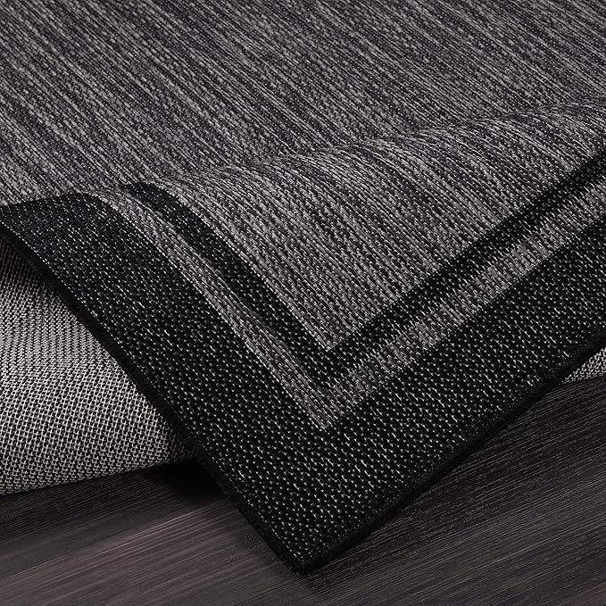 CAMILSON Indoor Outdoor Rug, 6x9 Bordered Dark Grey Black Modern Area Rugs for Indoor and Outdoor Patios, Kitchen and Hallway Mats, Washable Porch Deck Outside Carpet (Bordered Black, 6 x 9)