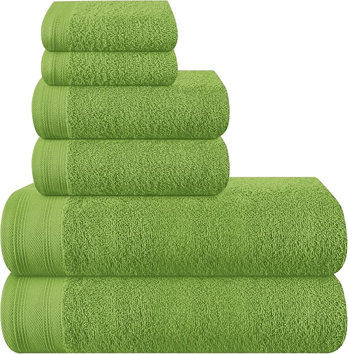 Ultra Soft 6 Pack Cotton Towel Set, Contains 2 Bath Towels 28x55 inch, 2 Hand Towels 16x24 inch & 2 Wash Coths 12x12 inch, Ideal Everyday use, Compact & Lightweight - Kiwi Green