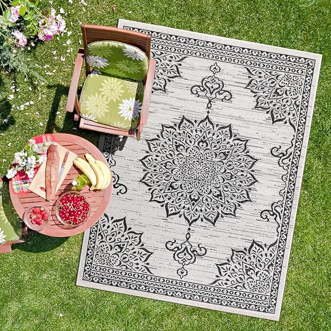 CAMILSON Outdoor Rug, 8x10 Medallion White Black Modern Area Rugs for Indoor and Outdoor Patios, Kitchen and Hallway Mats, Washable Porch Deck Outside Carpet (Medallion White, 8 x 10)