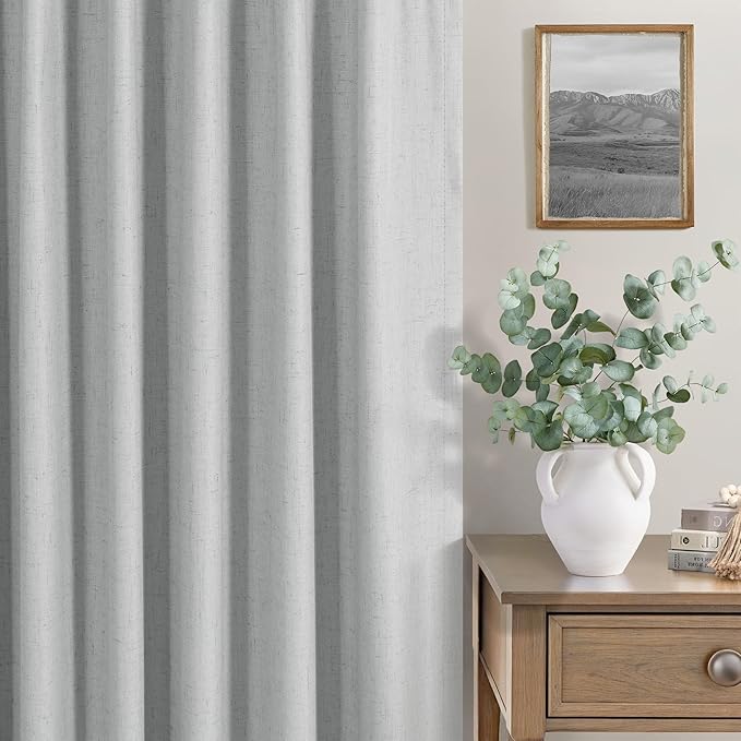 Elegant Light Grey 100% Black Out Curtains 96 Inch Length 2 Panel for Living Room Darkening White Back Tab Thermal Insulated Long Drape Complete Blackout Linen Textured Curtain for Bedroom Dove Gray