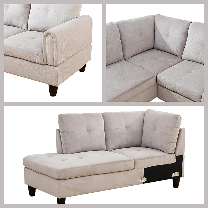 L Shaped Couch Sectional Couches with Chaise and Storage Ottoman, 3 Pieces Modular Convertible Sofa for Living Room Furniture Sets and Small Apartment, Grey White