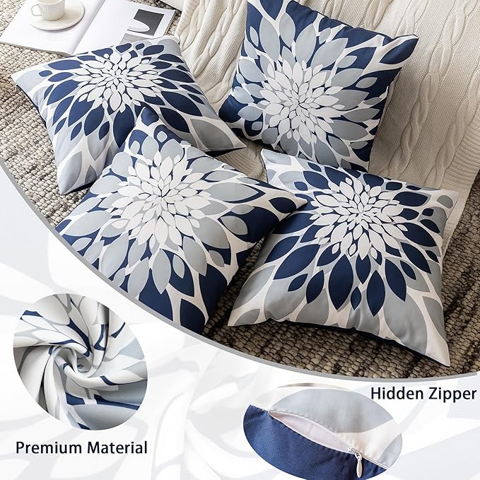 Qahing Pack of 4 Outdoor Waterproof Pillow Covers 22x22 Decorative Outdoor Throw Pillows Garden Square Cushion Cases for Patio Furniture, Couch, Tent Sunbrella, Bench, Navy Blue Grey