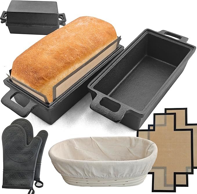 2-In-1 Cast Iron Oven Pan - 9"x5" Durable Loaf Pans Rectangular Baking Pan with Banneton Bread Proofing Basket set for home baking, 2 Piece Set -1.8 QT×2 Pcs (Stainless steel mats, Bread Pan 4 Set)