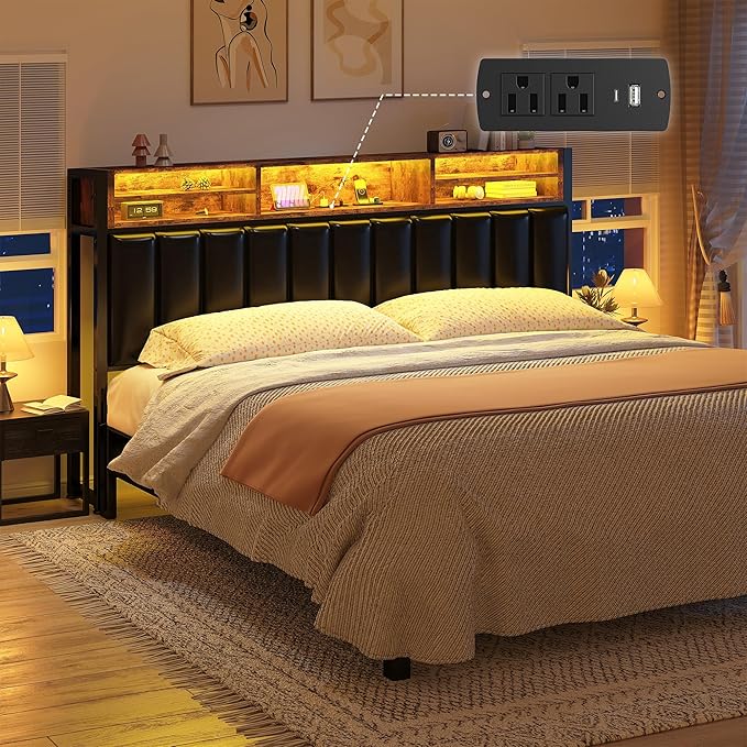 EnHomee King Headboard with Charging Port, King Headboard Only with LED Light, with Storage Shelf, King Size Headboard Only Upholstered for Bedroom